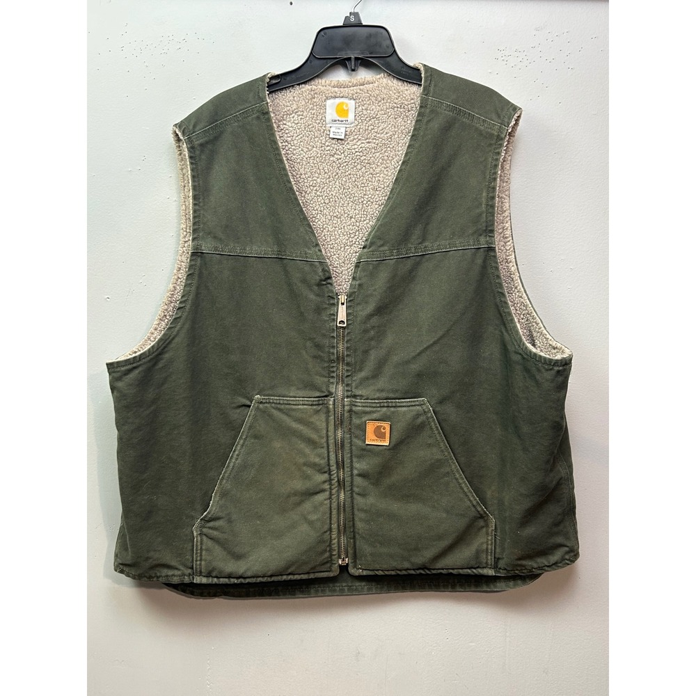 Carhartt Vest Men 2XL Green V26 MOS Sandstone Sherpa Lined Duck Canvas Workwear